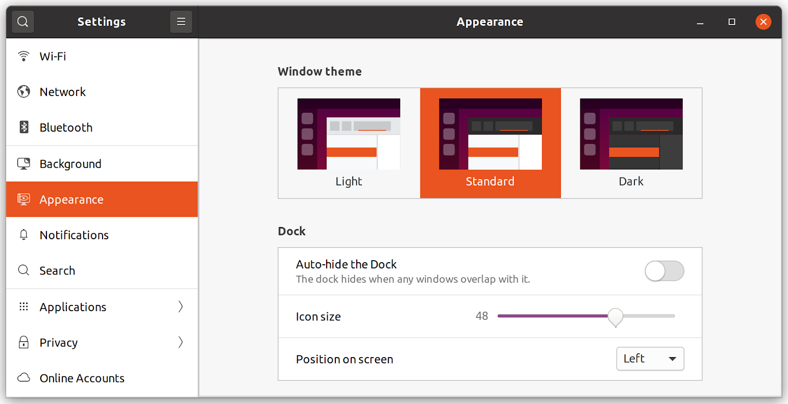 Ubuntu 20.04 LTS Appearance Settings Window Ubuntu 20.04 LTS Appearance Settings Window